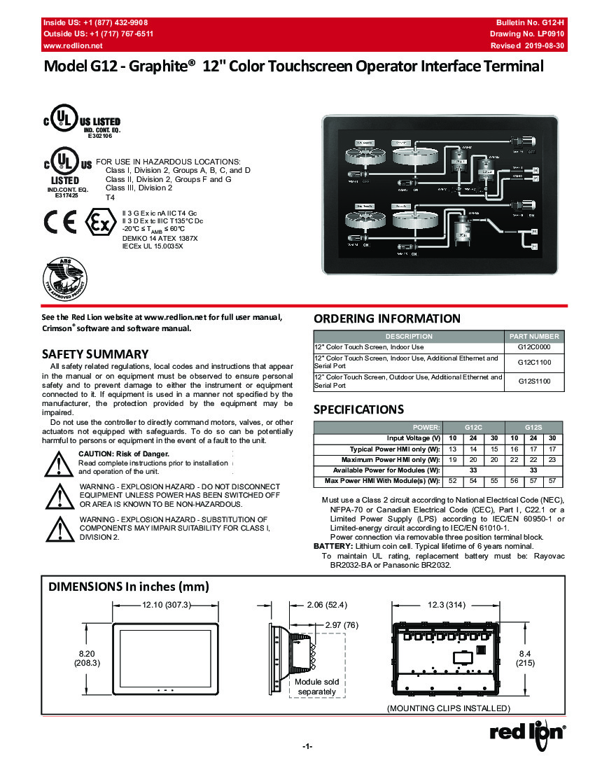 First Page Image of G12C0000 G12 Installation Guide Red Lion Graphite HMI.pdf